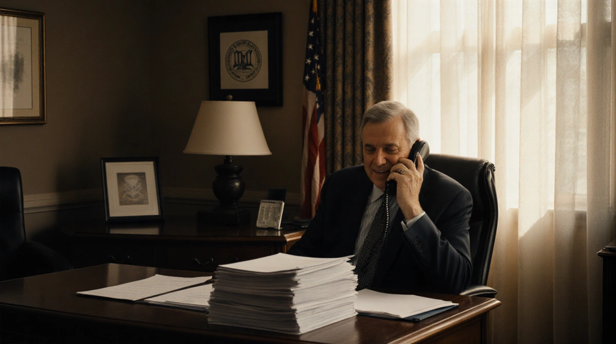 Alan Jackson speaking on phone with legal files and framed law firm logo on wood-paneled office wall