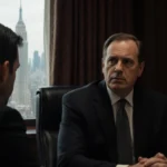 Alan Jackson sitting across from Nick Reiner in luxurious office with city skyline visible through window