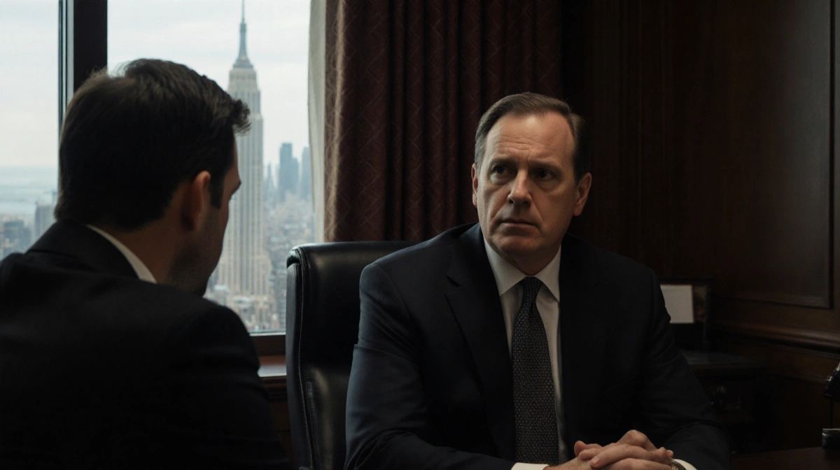 Alan Jackson sitting across from Nick Reiner in luxurious office with city skyline visible through window