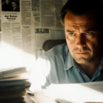 Alan Jackson gazes intently at police files and newspaper clippings on the Reiner murders with shadows across his face