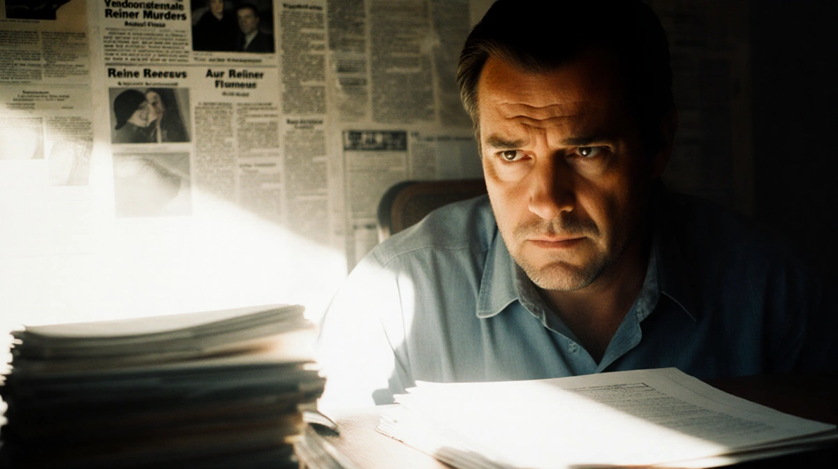 Alan Jackson gazes intently at police files and newspaper clippings on the Reiner murders with shadows across his face
