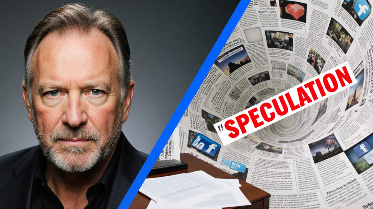 Country singer Alan Jackson faces forward with firm expression while swirling speculation vortex shows headlines and comments