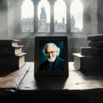 Alan Rickman as Dumbledore smiles from small frame on worn wooden desk with candlelight and old books