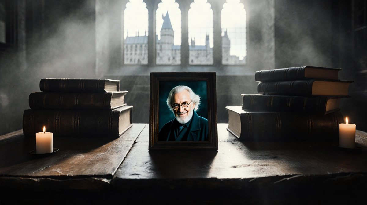 Alan Rickman as Dumbledore smiles from small frame on worn wooden desk with candlelight and old books