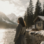 Woman standing at riverbank with snowy river and wooden cabin gazing into Alaska wilderness