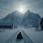Lone figure stands in snow-covered Alaskan town with abandoned backpack at feet and mountain range visible through dawn mist