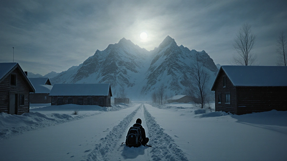 Lone figure stands in snow-covered Alaskan town with abandoned backpack at feet and mountain range visible through dawn mist