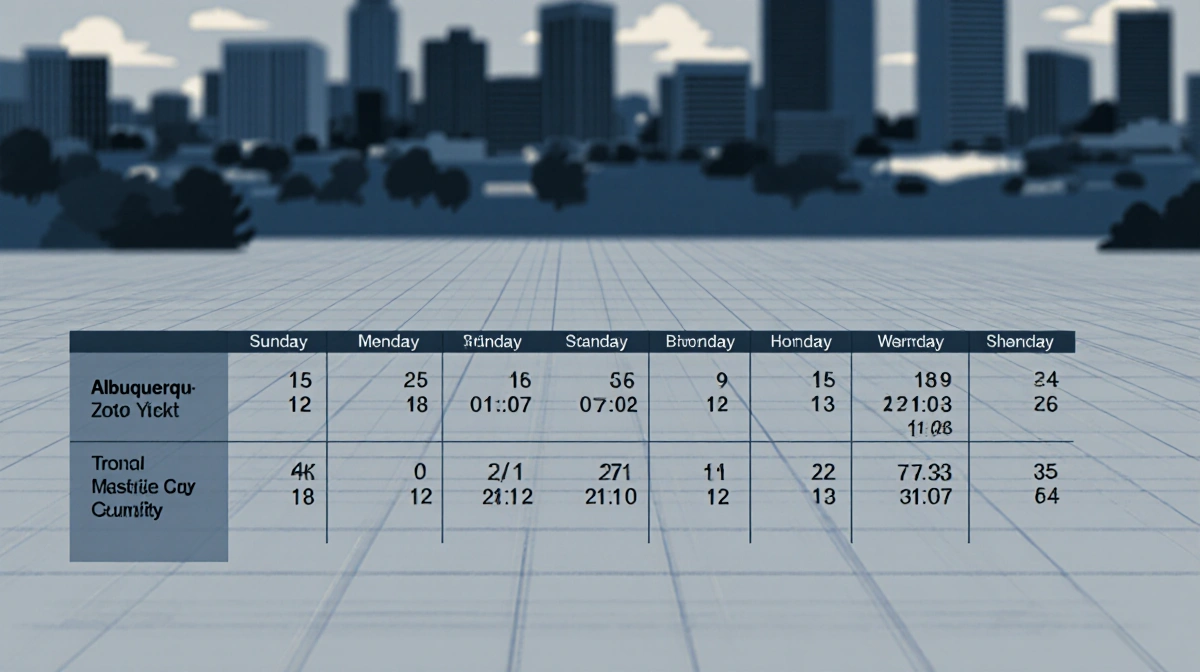 Table showing dates with grid lines and muted colors with blurred Albuquerque cityscape in background