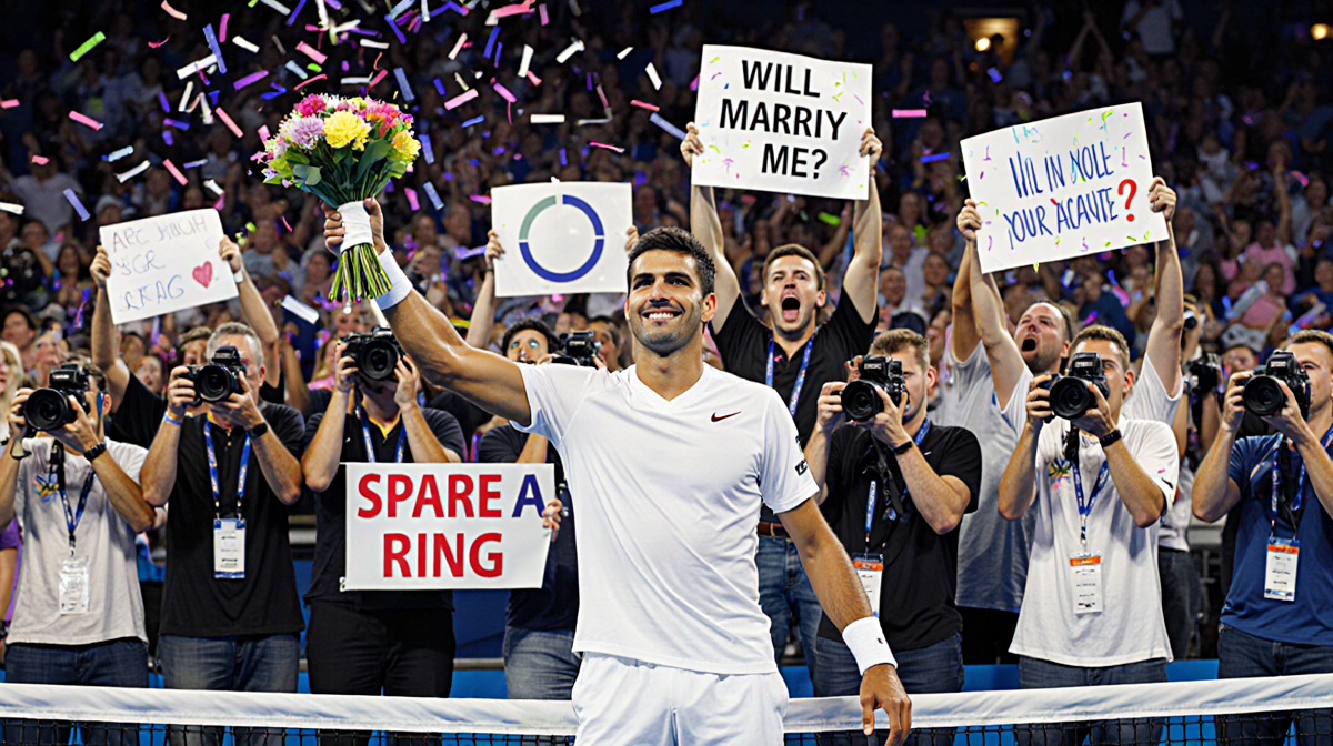 Carlos Alcaraz standing at the tennis net celebrating with a fan holding a Will you marry me sign and confetti swirling