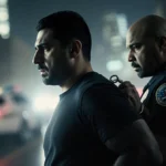 Alejandro Rosales Castillo being led away in handcuffs with defeated expression and city background showing justice served