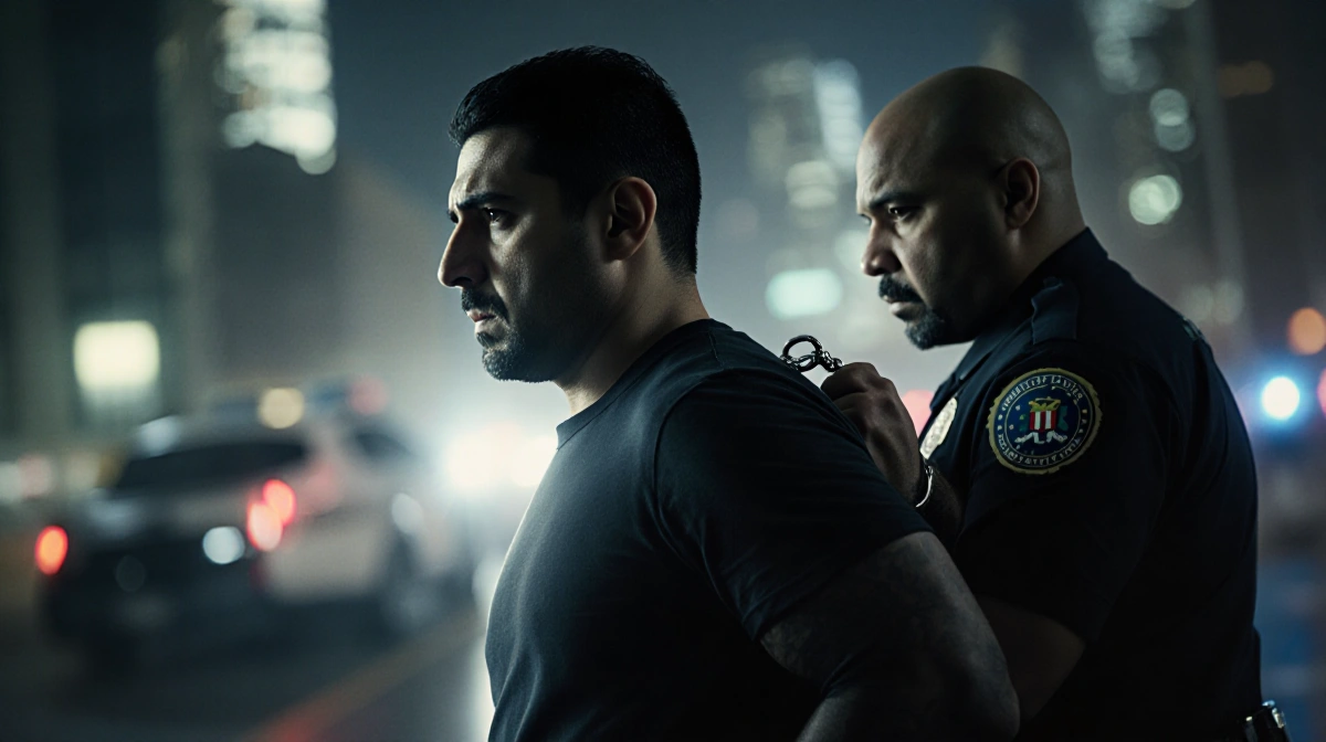 Alejandro Rosales Castillo being led away in handcuffs with defeated expression and city background showing justice served