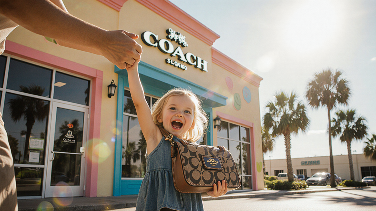 Alesha holding a small Coach shoulder bag as her aunt presents it near a colorful Orlando storefront with sunshine