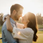Alex Albon and Lily Muni holding hands on golf course with clubs nearby and golden sunset glow