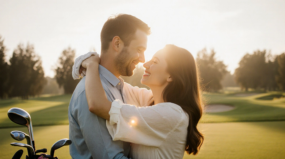 Alex Albon and Lily Muni holding hands on golf course with clubs nearby and golden sunset glow