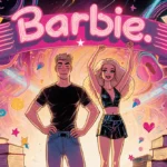 Alex Aster and Barbie celebrating book release with neon lights and books piled around them