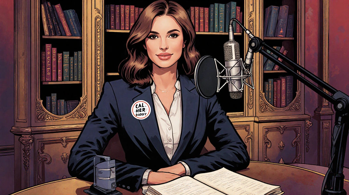 Alex Cooper recording podcast with Call Her Daddy branding and bestselling books on shelf behind her