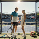 Alex de Minaur and Katie Boulter standing hand‑in‑hand with Alex’s engagement ring and a bouquet of flowers on a tennis court