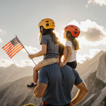 Alex Honnold stands with daughters June and Alice on shoulders at a mountain summit with light on terrain as he looks down.