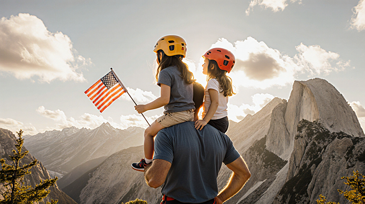 Alex Honnold stands with daughters June and Alice on shoulders at a mountain summit with light on terrain as he looks down.