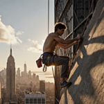 Alex Honnold standing on narrow ledge of skyscraper with determined hands on rock and sunset golden light.