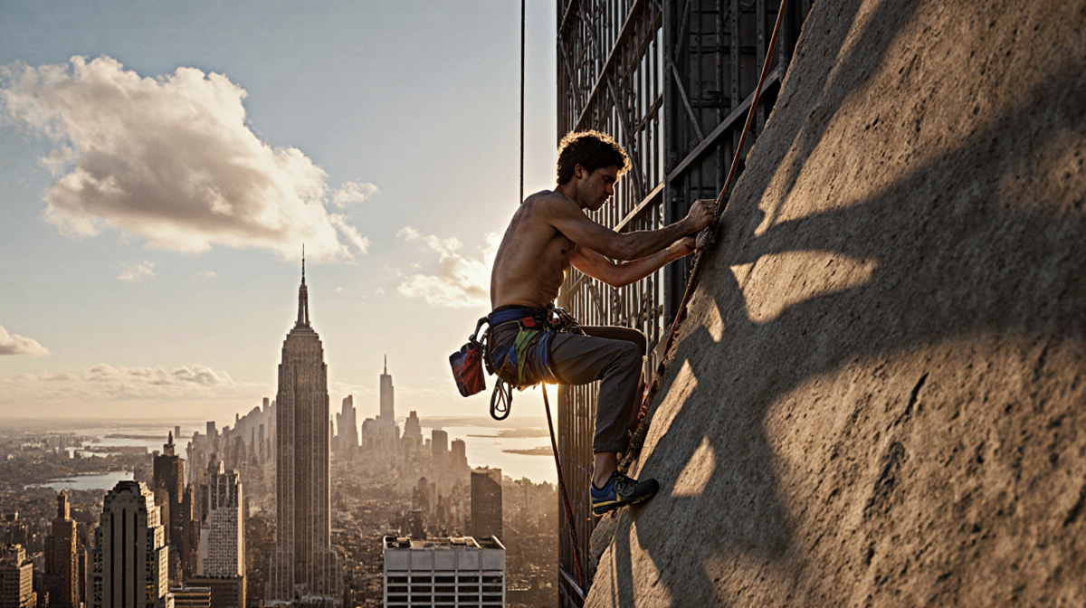 Alex Honnold standing on narrow ledge of skyscraper with determined hands on rock and sunset golden light.