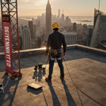 Alex Honnold climber standing atop rooftop with sunset skyline and TV crew filming below
