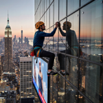 Alex Honnold scaling a skyscraper with an LED screen behind him showing live footage and a cityscape.