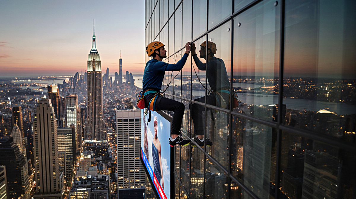 Alex Honnold scaling a skyscraper with an LED screen behind him showing live footage and a cityscape.