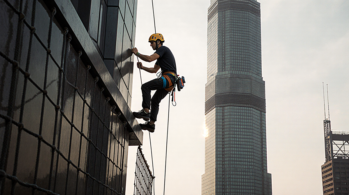 Alex Honnold standing on thin ledge of skyscraper with Taipei 101 looming behind and safety harness tethered to his hands
