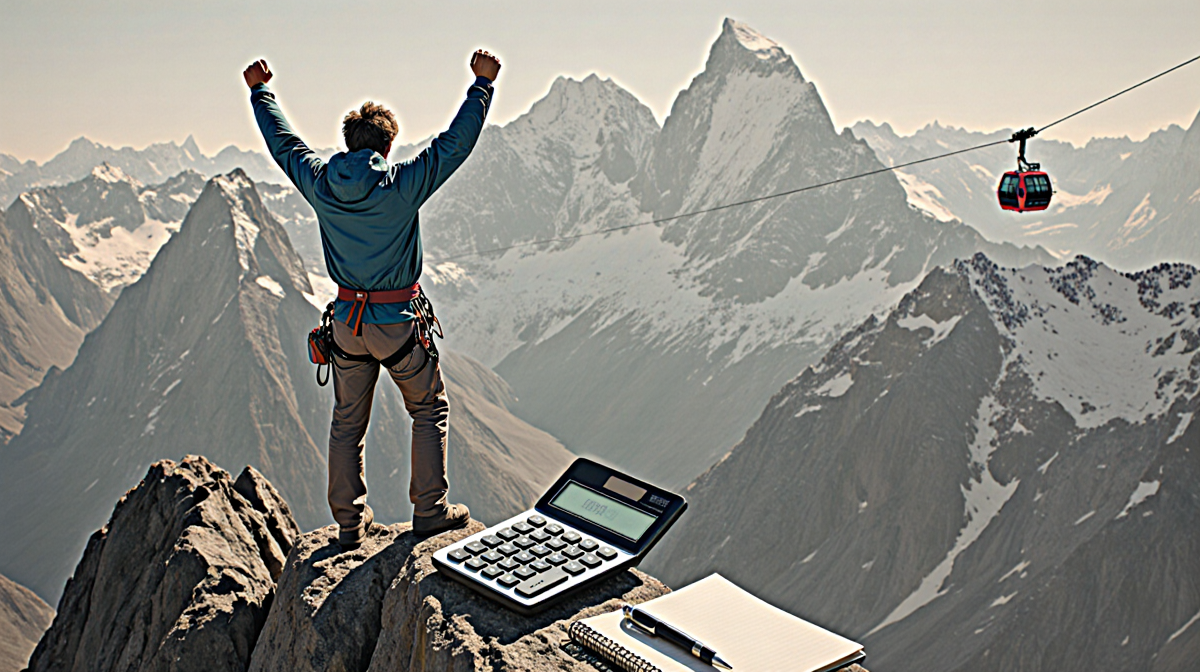 Alex Honnold raises arms in triumph with a financial calculator and a pen and notebook beside him on a mountain summit