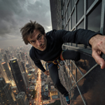Alex Honnold standing on Taipei 101 edge with one hand gripping railing and city lights glowing below in nighttime sky.