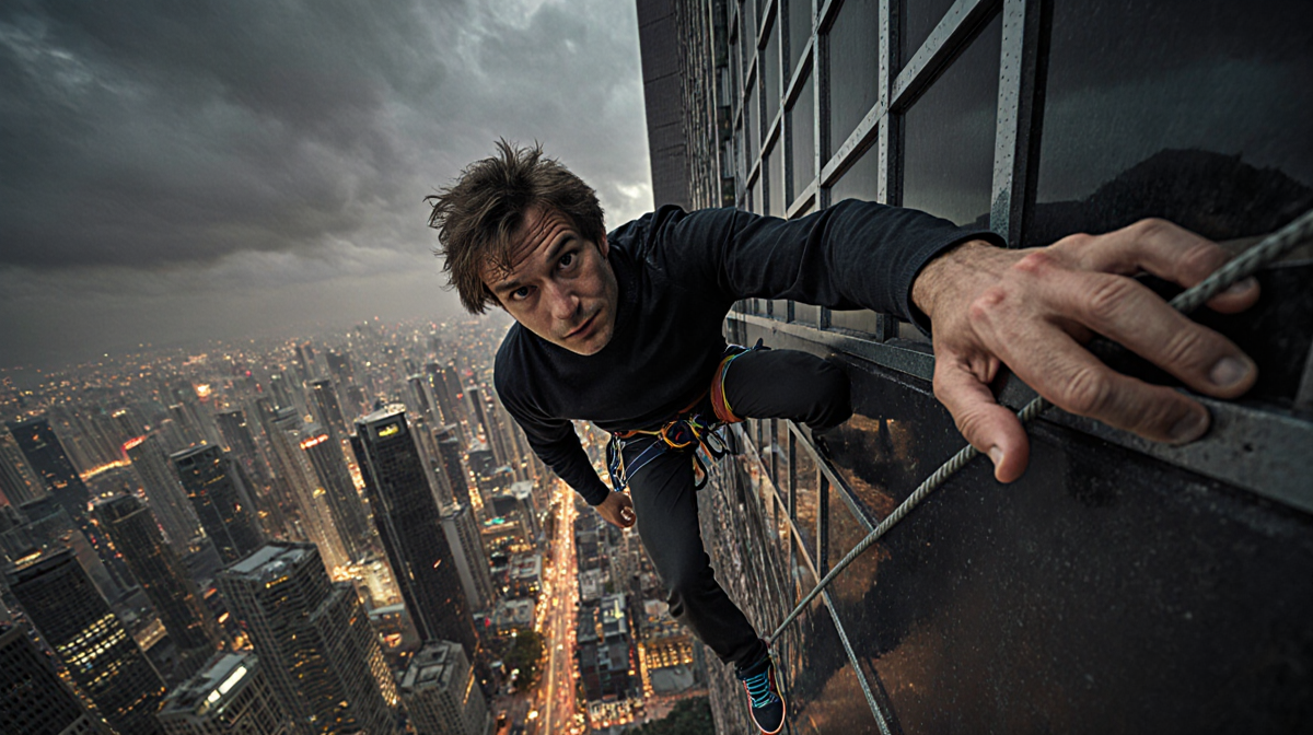 Alex Honnold standing on Taipei 101 edge with one hand gripping railing and city lights glowing below in nighttime sky.