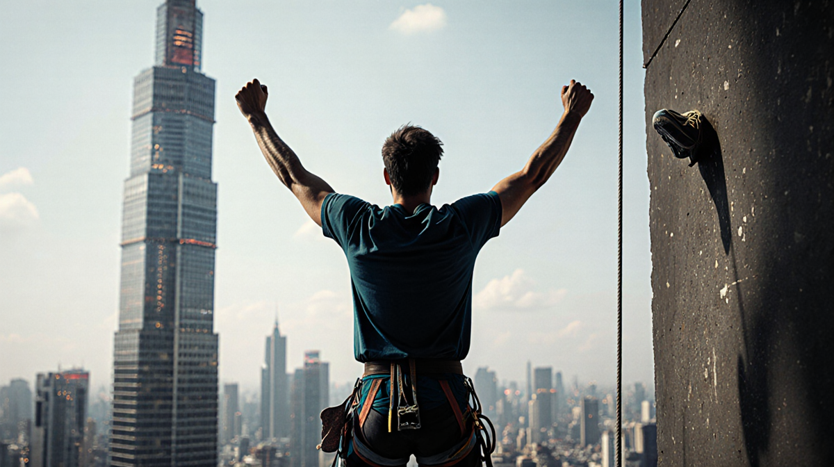 Alex Honnold raising arms at Taipei 101 summit with city skyline and worn climbing shoe.