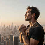 Alex Honnold standing at the summit of Taipei 101 with hands clasped and gaze over cityscape in warm light with climbing gear