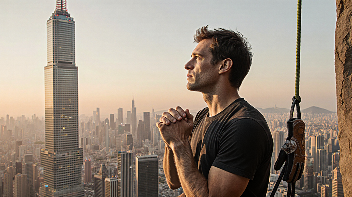 Alex Honnold standing at the summit of Taipei 101 with hands clasped and gaze over cityscape in warm light with climbing gear