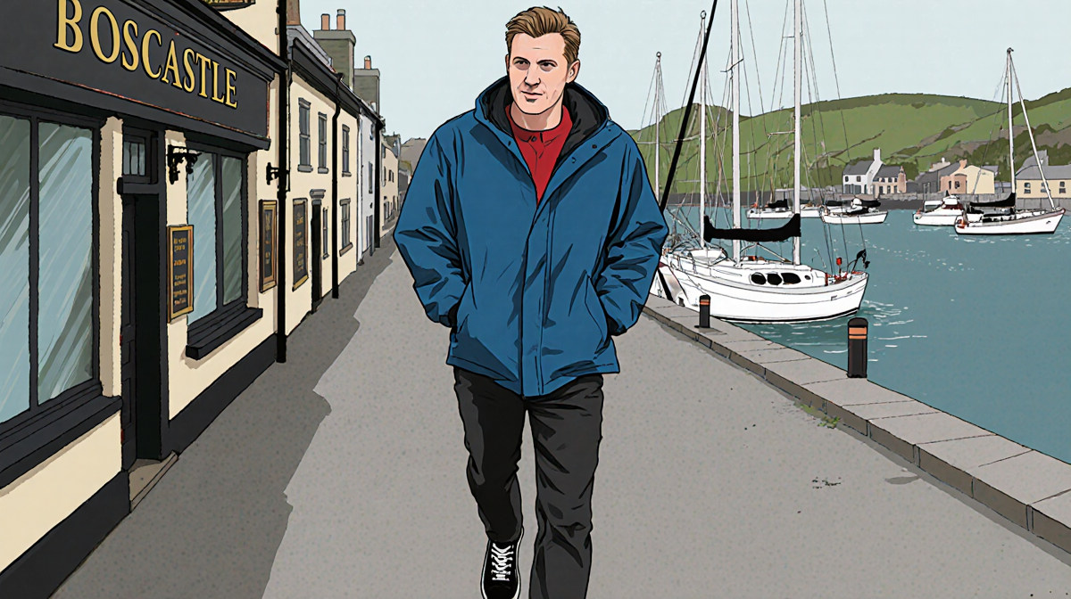 Alexander Key walking toward Boscastle Harbour in CCTV footage with jacket red shirt black sneakers and harbor buildings