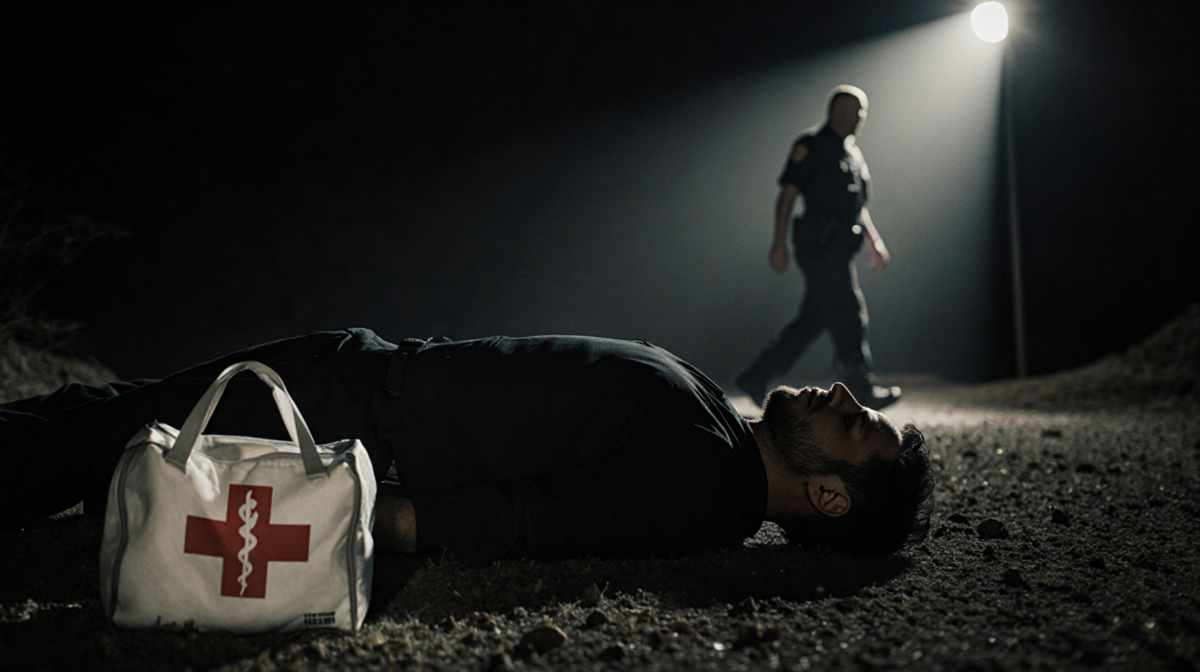Alex Pretti lying on ground with medical bag in foreground and blurred border patrol agent walking away under spotlight