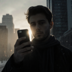 Alex Pretti holds phone with screen slightly ajar and light revealing his face against a shadowed Minneapolis skyline