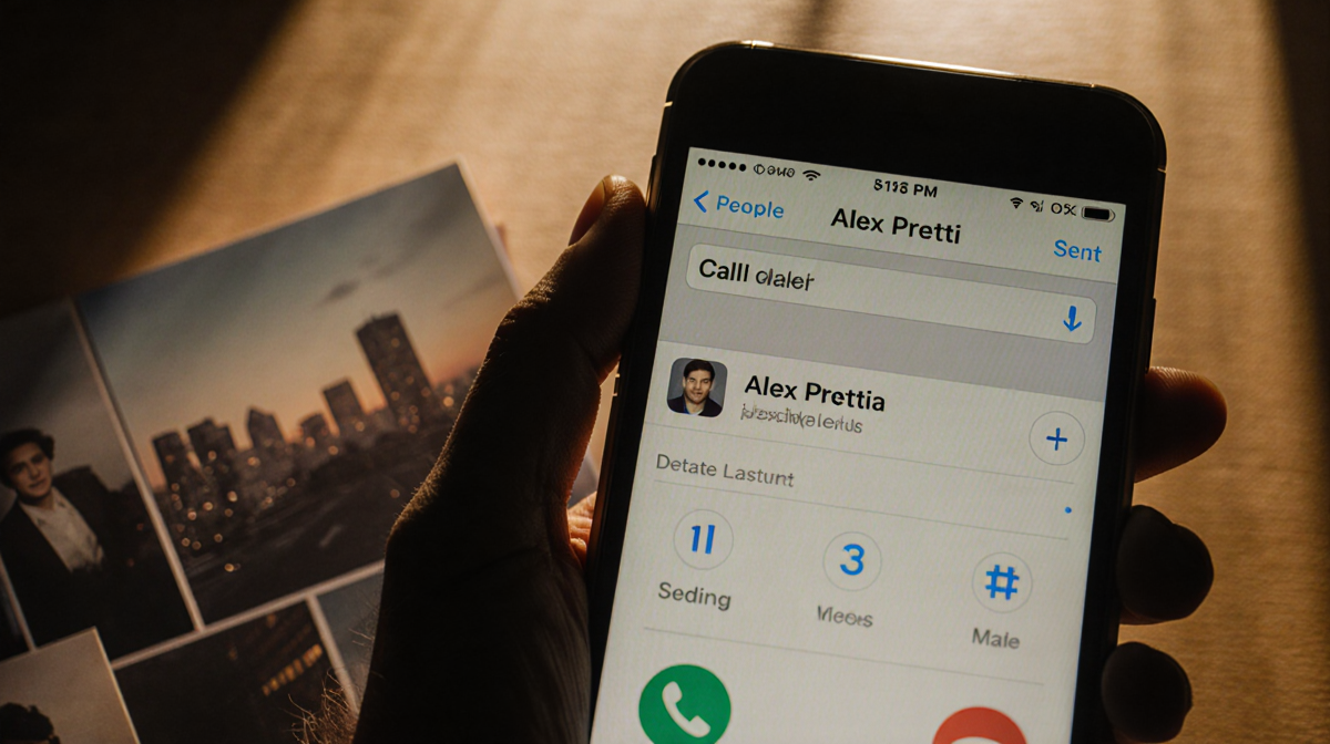 Phone screen showing last call log with parents with dim golden glow and blurred nostalgic family photo album in background