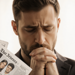 Alex Pretti standing looking down at clasped hands with family photos lighting evoking introspection.