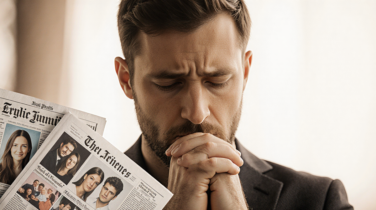 Alex Pretti standing looking down at clasped hands with family photos lighting evoking introspection.