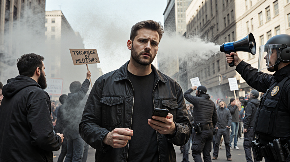 Alex Pretti standing among protesters with phone in hand and megaphone while pepper spray is sprayed in background.