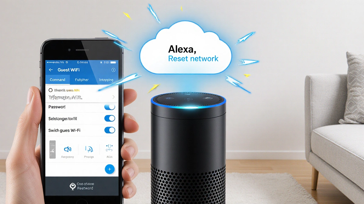 Amazon Alexa receiving voice command with TP-Link AX1800 router flashing and smartphone showing network settings in backgroun