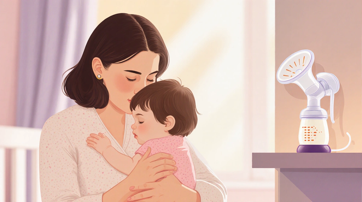 Mother breastfeeding baby in nursery with breast pump on shelf showing weaning transition