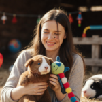 Alexa Freemyer holding a stuffed animal with a blurred farm backdrop and a lifeless body nearby with tears in her eyes