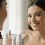 Alexa Lemieux admires her reflection with confidence showing radiant smile and natural light from window