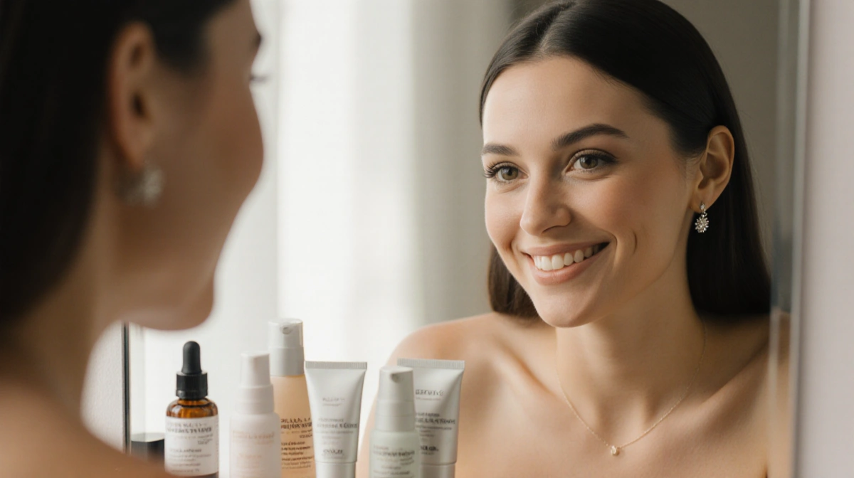 Alexa Lemieux admires her reflection with confidence showing radiant smile and natural light from window