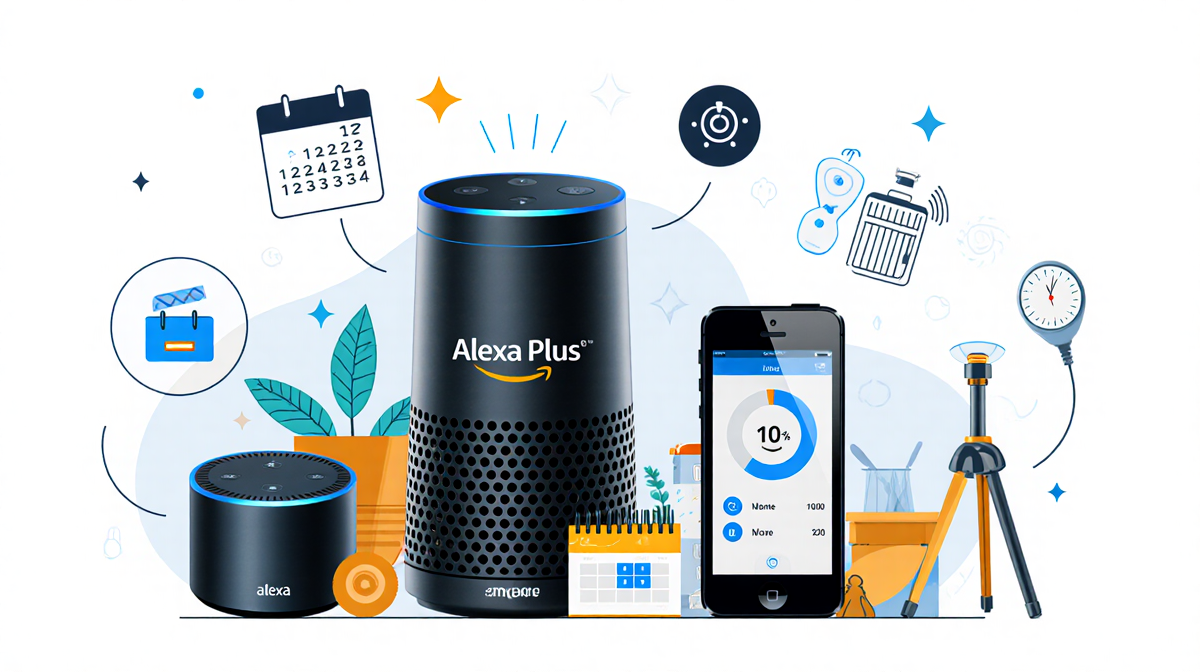 Alexa Plus smart speaker standing with calendar and remote control nearby and a smartphone showing subscription benefits.