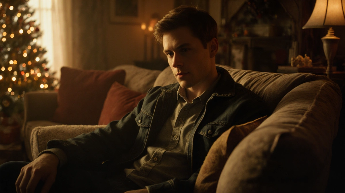 Alexander Gould relaxing on plush couch with warm Christmas lights glowing behind him