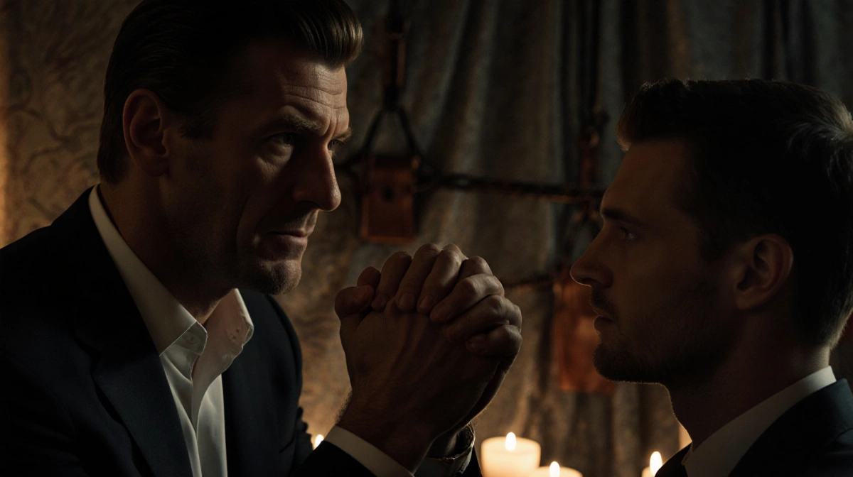 Two men hold hands with fingers intertwined and candlelight revealing leather restraints and BDSM equipment in the background